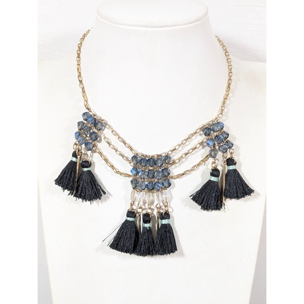 Gold Tone Glass Bead Woven Tassel Statement Necklace‎ Boho Chic 16 in